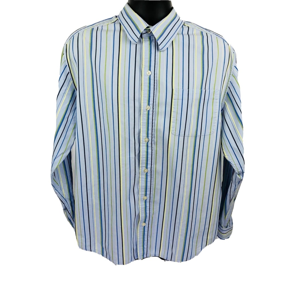 Caribbean Joe Large L Men's Shirt Striped Yellow Blue‎ Green 100% Cotton J